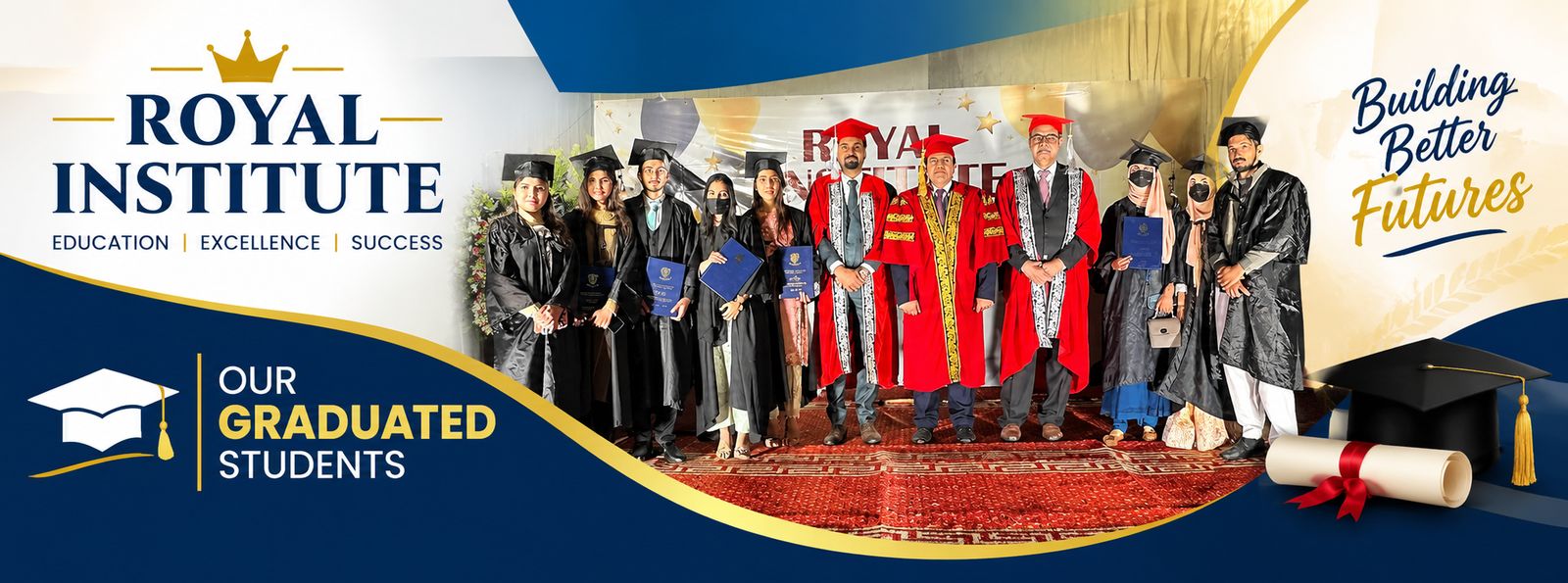 Royal Institute Lahore graduates in gowns and caps with faculty in red convocation robes